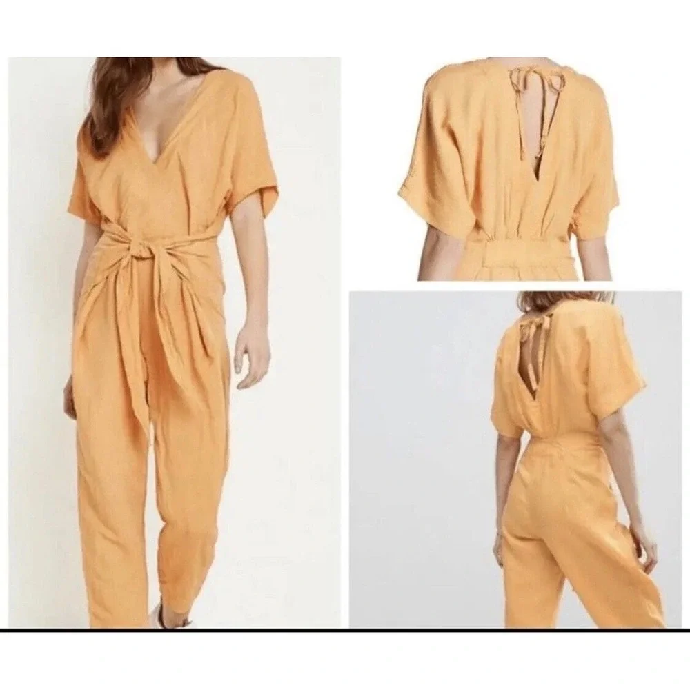Free People Jumpsuit Womens XS Orange Tie Front Linen Blend Oversized Open Back